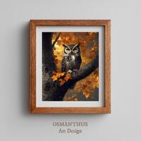 Autumn Owl in Golden Leaves - Printable Fall Nature Art, Rustic Wildlife Decor, Charming Cottagecore