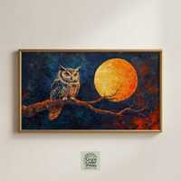 Rustic Owl and Moon Frame TV Art, Autumn Night Wildlife Painting, Samsung Frame TV Art, Digital Owl 