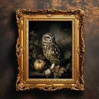 Vintage Owl Still Life Art | Autumn Owl Dark Academia Wall Art Moody Nature Halloween Pumpkin Decor 