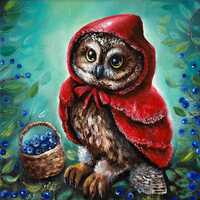 Original painting on canvas Owl, Owl wall art, Little Red Riding Hood art, Fairy art, Whimsical art,