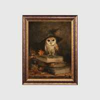 Owl with Witch Hat | Gothic Halloween Wall Art, Spooky Autumn Books & Leaves Painting, Whimsical