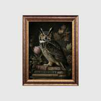 Owl on Books with Florals | Gothic Halloween Wall Art, Vintage Autumn Owl Painting, Whimsical Cozy P
