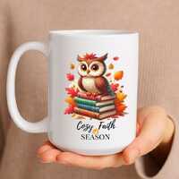 Autumn Owl Mug Cozy Faith Season Coffee Cup Fall Ceramic Mug for Book Lovers Pumpkin Spice Tea Cup H