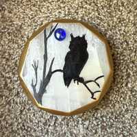 Owl on Tree Branch Silhouette Hand Painted Natural Selenite Crystal SEALED trimmed in gold 3D glass 