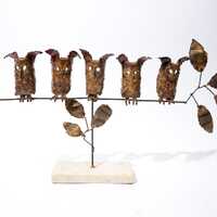 Midcentury Metal Art Own Sculpture, Owls on a Branch, Brutalist