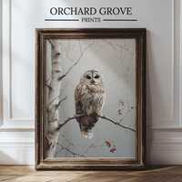 Moody Owl Wall Art, Rustic Owl Print, Birch Tree Art, Neutral Cottagecore Animal Decor, Farmhouse Ow