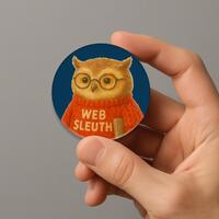 Web Sleuth Owl Pin Back Button, Smart Owl with Glasses, Cute Sweater Owl Badge, Internet Detective F