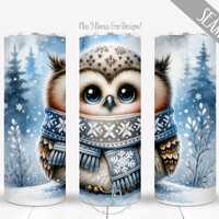 Winter Wise Owl Wrap For 20 oz Skinny Straight Tumbler Sublimation, Watercolor Snowy Forest Scene PN