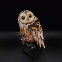 Brown Barn Owl Beaded Brooch: Handmade Bird Pin Symbol Wisdom