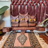 Vintage Wooden Owl Wall Hanging with Candle Holders