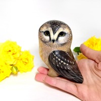 Saw-whet Owl Sculpture Original Hand Painted Clay Bird Figurine Realistic Wildlife Art Handmade Wood