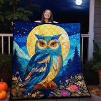 Owl Quilt Blanket Moonlight Forest Art, Starry Night Owl Bedding, Witchy Nature Quilt for Owl Lover,