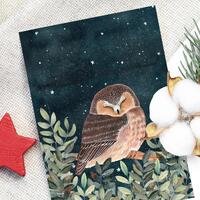 Christmas Owl Greeting Cards: Holiday Card Set, Winter Illustration