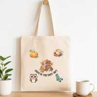 Cozy Autumn Tote Bag with Books Owl and Pumpkin Design, Fall Aesthetic Reusable Bag, Gift for Book L