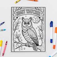 Owl Coloring Page - Night Watcher Art - Adult Coloring Png - Kid Coloring Jpeg - Printable PDF DIY A