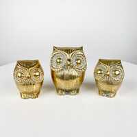 Trio of Vintage Brass Owl Figurines / MCM Paperweights - Cute Golden Animal Family Home Decoration -