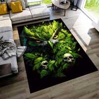 Green Owl Leaf Area Rug: Gothic Forest Skull Design Carpet, Non-Slip Machine-Washable