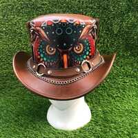 Handmade Brown Leather Top Hat Owl Artwork Chain Steampunk Festival Costume Wear Hat
