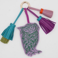 Hand made leather key ring owl handbag tassel print