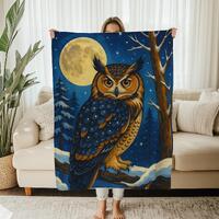 Owl Moon Blanket Fleece Flannel Throw – Mystical Forest Art – Night Owl Decor Cozy Winte