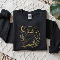 Mystical Owl Sweatshirt, Celestial Night Hoodie, Golden Moon Sweater, Witchy Boho Pullover, Astrolog