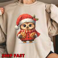 Comfort Colors® Christmas Owl Shirt, Cute Holiday Sweatshirt, Low Poly Owl Santa Cookie Shirt, X