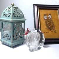 Vintage Owl Decor Trio: Hand-Painted Art, Mats Jonasson Crystal, Green Metal Lantern