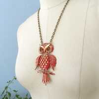 1970s Articulated Owl Statement Necklace, Orange Red And Gold