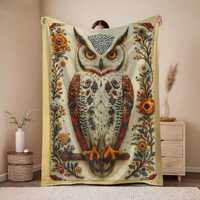 Velveteen Plush Blanket, Rustic Owl Folk Art Throw, Primitive Country Style Blanket, Embroidered Sty