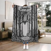 Personalized Owl Blanket, Cozy Velveteen Minky Throw, Cottagecore Floral Forest Woodcut Linocut Desi