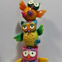 Cute Colourful 3 Owls Ornament Figurine Totem Style Resin Home Shelf