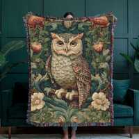 William Morris Style Owl Woven Throw – Art Nouveau Tapestry, 100% Cotton Arts & Crafts Bla
