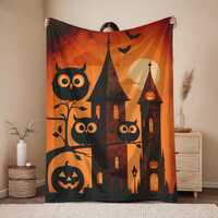 Halloween Owl Velveteen Plush Blanket, Halloween Owl Throw, Gothic Haunted House Blanket, Spooky Pum