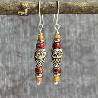 Owl Boho Earrings / Long Stack Earrings / Beaded Dangle Earrings / Silver Boho Earrings / Ethnic Ear