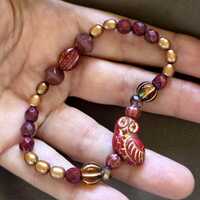 Boho Owl Bracelet: Red Glass, Bronze Pearls. Medium 7"