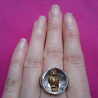 Antique Victorian button in sterling silver ring, sculptural owl and engraved star, wide engraved ba