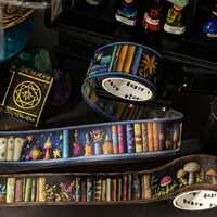 Spooky bookshelf. Books. Halloween. Witch hut. Owl. Stationery. PE tape. Stickers. Potions. Apotheca