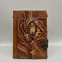 Handmade Leather Journal with Owl Design, Vintage Writing Notebook with Lock, Rustic Spellbook Diary