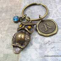 Owl Charm Key Ring, Personalized Antique Brass Initial Wax Seal Birthstone Large 3D Owl Charm Key Ch