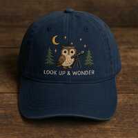 Owl Stargazing Embroidered Hat – Look Up & Wonder Cap, Cute Night Sky Animal Dad Cap for N