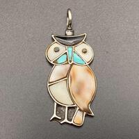 Vintage Zuni Native Owl Bird Turquoise MOP Shell Inlay Silver Pendant