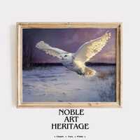 Rustic Snowy Owl in Flight Over Winter Landscape - Printable Vintage Christmas Wall Art, Moody Fores