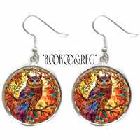 Autumn OWL Earrings: FAUX Stained Glass Art Print, Handmade Lightweight Silver Charm Dangle Earrings