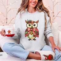 Cute Patchwork Christmas Owl Sweatshirt, Rustic Holiday Owl Lover Sweater, Cottagecore Folk Art, Woo