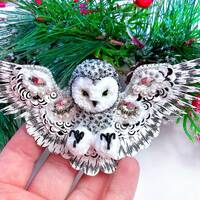Handmade embroidered brooch barn owl, handmade jewelry