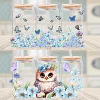 16oz Cup Wrap-Blue garden, owl, flowers, butterflies digital Download