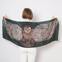 Owl Print Hand Painted Green Silk Scarf Wings Shaw Bird Lover Gift Owl Gift 69X22