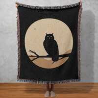 Owl Woven Blanket, Gothic Moon Silhouette Tapestry, Dark Owl Wall Hang
