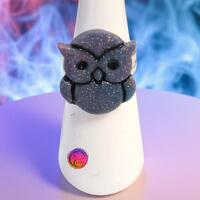 Owl Ring, Pink and Green Glitter: Silver Metal Band