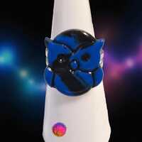 Owl Ring, Blue and Black: Silver Metal Band